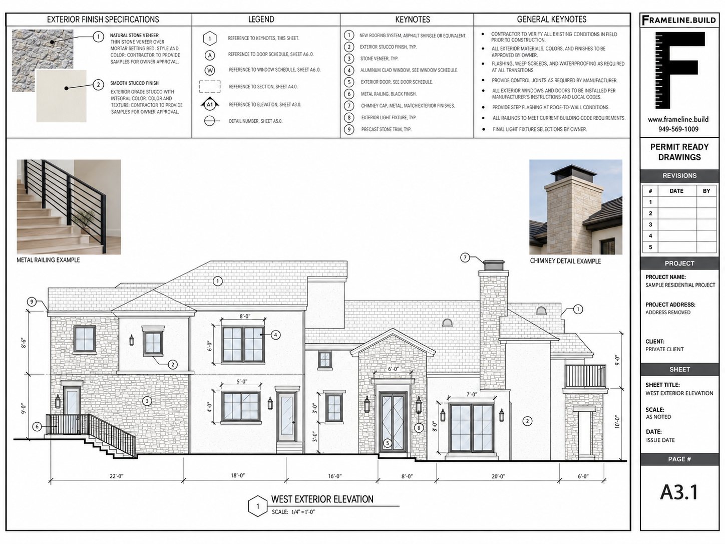 Exterior elevation drawing with dimensions and keynotes