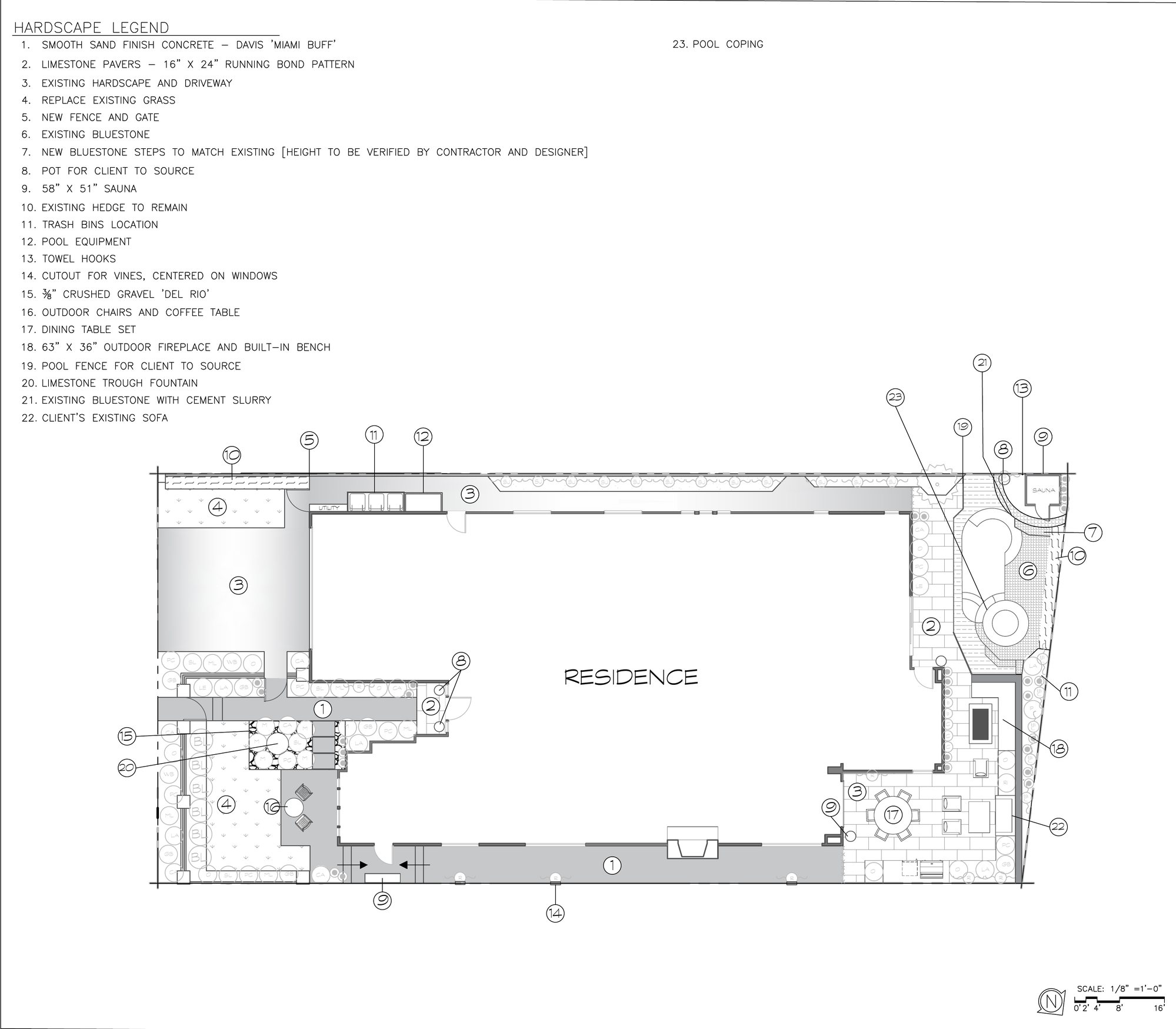 Hardscape plan with legend, callouts and scale