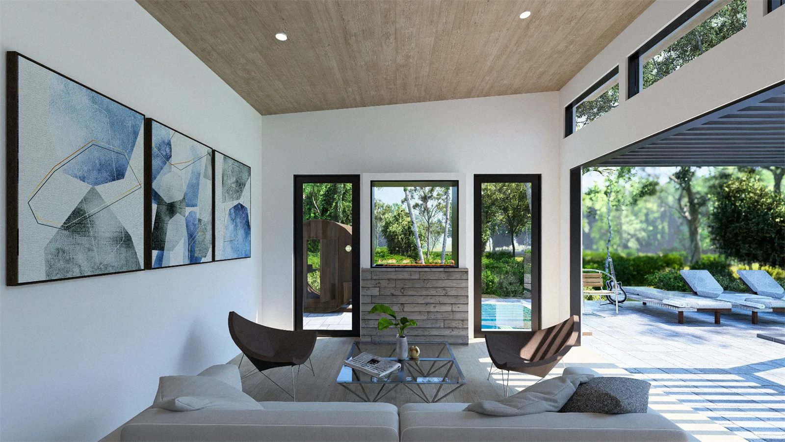 3D interior rendering of an indoor-outdoor living space